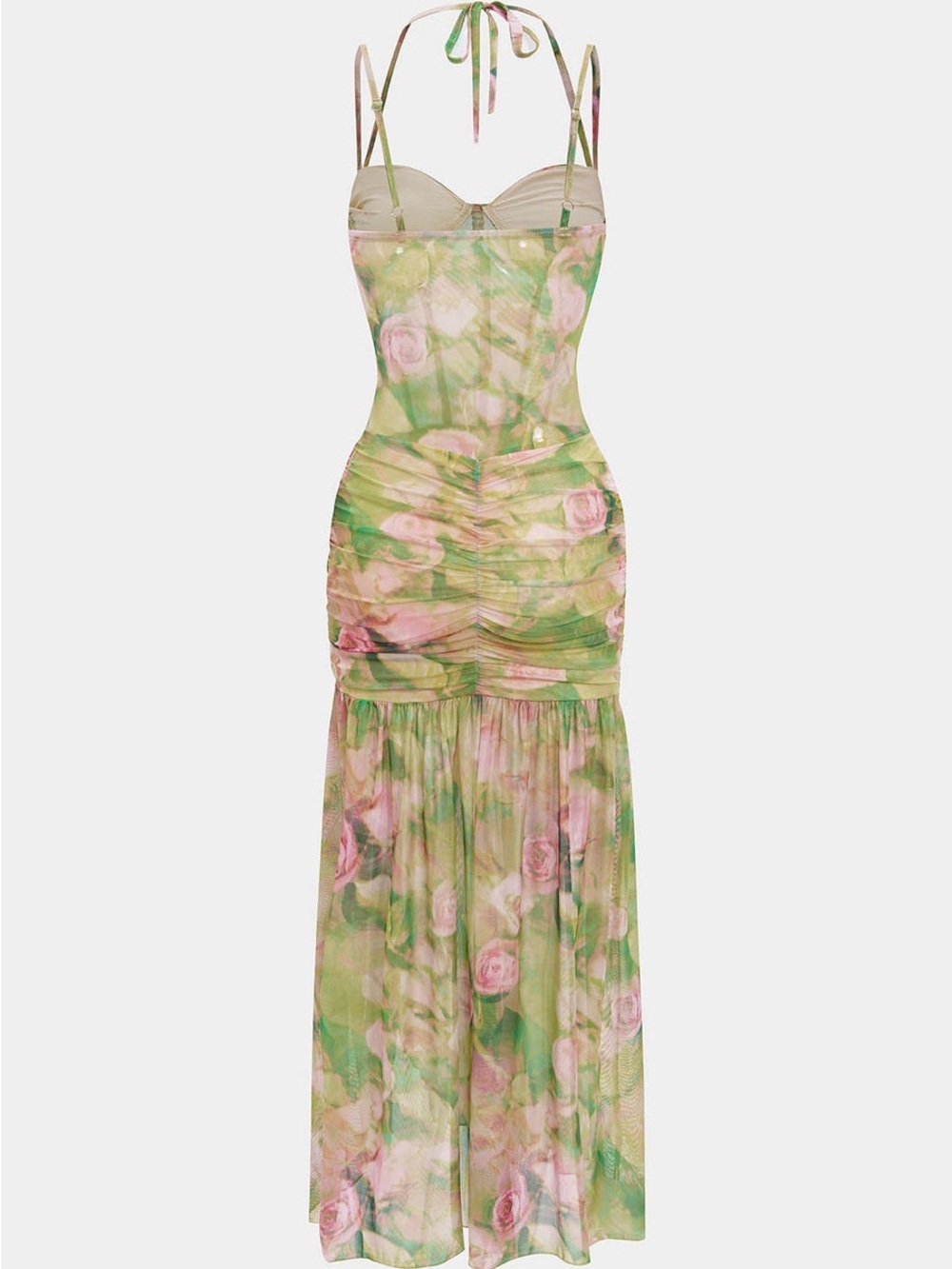 NWT Floral Fairycore Green Pink Mesh Ruched Maxi Dress - Picture 6 of 12